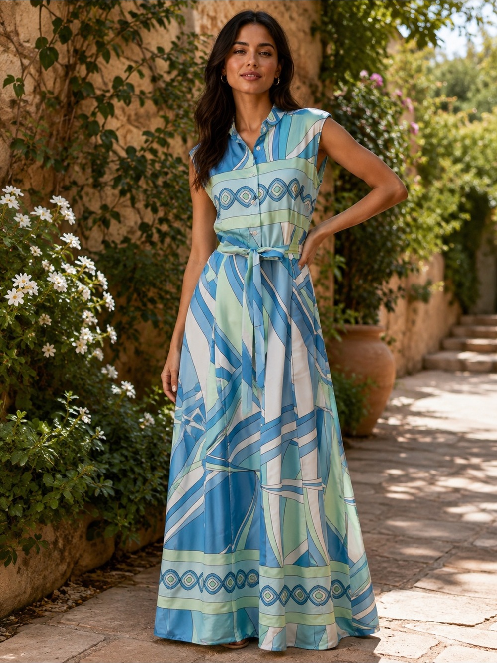 Kasia Geometric Print Maxi Dress in Blue & Mint Print Size XS - Grecian Resort